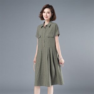 2021年夏季中长款格子套头A字裙40-49周岁POLO领韩版裙子高腰图片