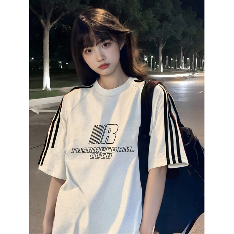 抖音得物高品质二开240克宽松纯棉美式潮牌三条杠织带短袖T恤,男装T恤,电商A486-1