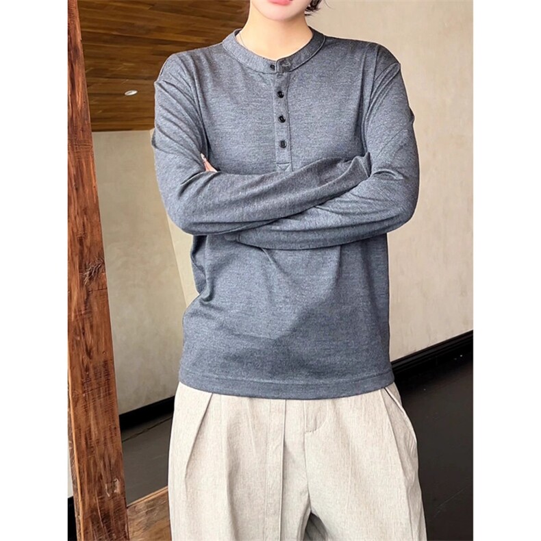 老钱风亨利领长袖t恤男慵懒风松弛感穿搭美式cleanfit高级感卫衣,男装T恤,星座506A