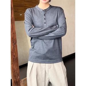 老钱风亨利领长袖t恤男慵懒风松弛感穿搭美式cleanfit高级感卫衣图片