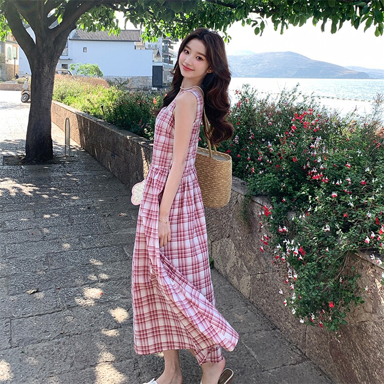 粉色格子超好看绝美连衣裙女2025夏季新款韩版温柔收腰无袖A字裙,女装连衣裙,浙宝276（原081）
