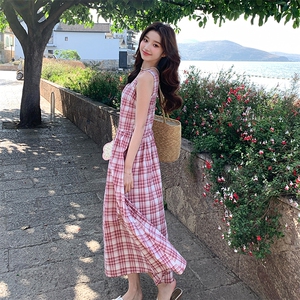 粉色格子超好看绝美连衣裙女2025夏季新款韩版温柔收腰无袖A字裙图片
