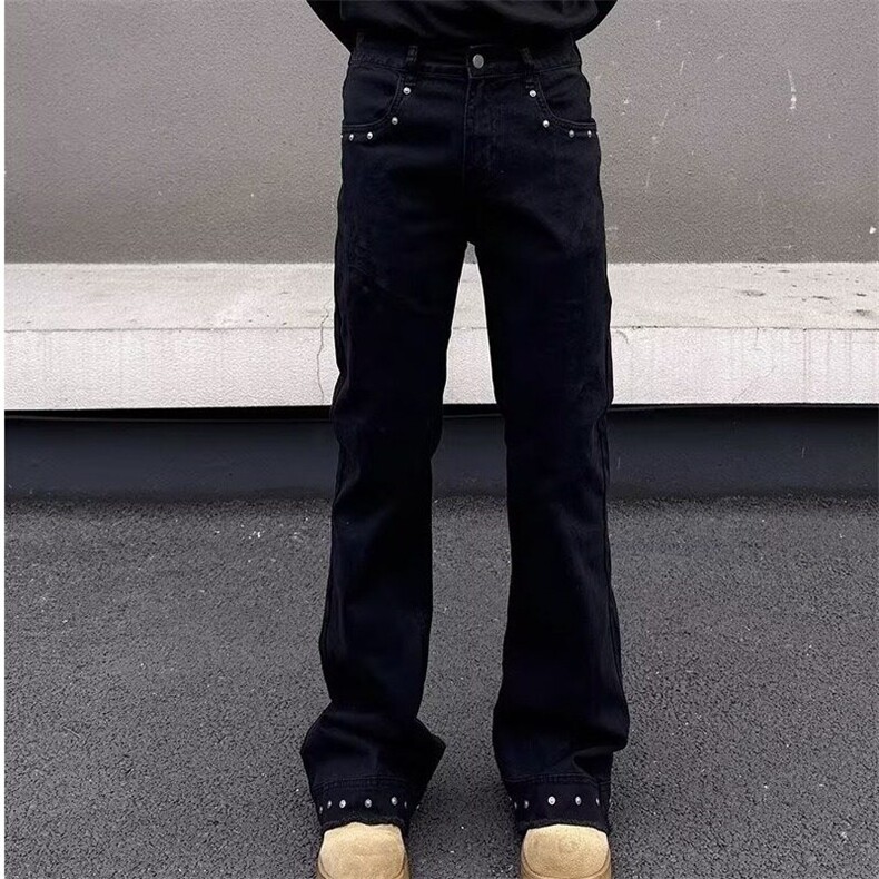 W9585-P58网图现货美式铆钉毛边微喇牛仔裤高街修身休闲裤,男装牛仔裤,星座1608-2