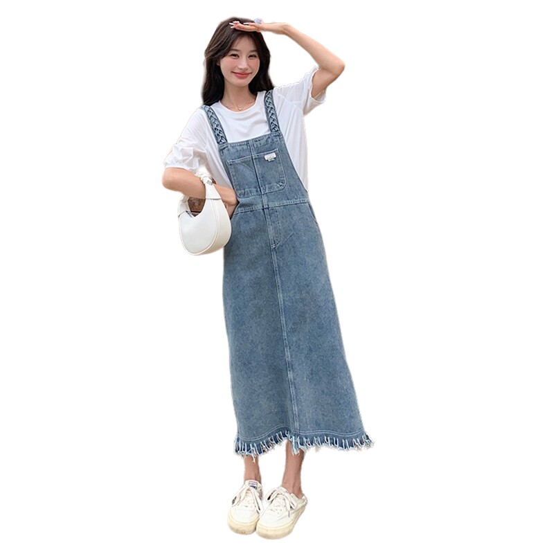 港味复古牛仔背带裙女夏季2024新款宽松显瘦设计感流苏长款连衣裙,女装套装/套裙,2C057