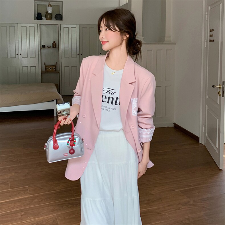 粉色蕾丝拼接西装外套女春秋2025新款爆款超火西服独特漂亮设计感,女装西装,素月
