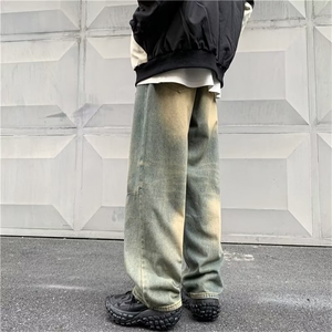 水洗做旧牛仔裤男秋季美式复古宽松阔腿直筒裤拖地炸街HN023-p42图片