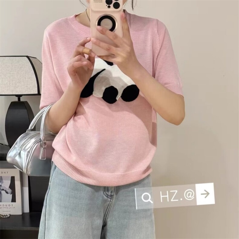 时尚圆领熊猫提花德国杨子纱+桑蚕丝16针织短袖女宽松薄款T恤上衣,女装T恤,鑫之绒