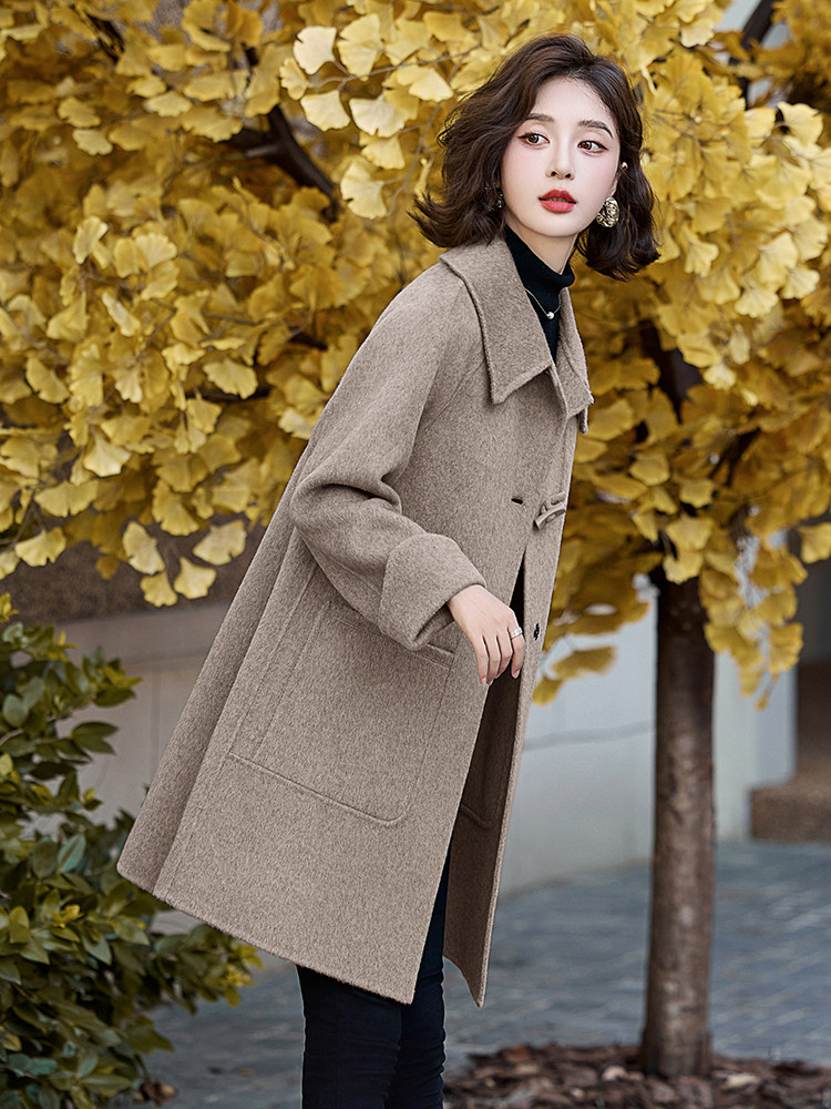 双面羊毛大衣女中长款2025冬季新款小个子高级感时尚连帽毛呢外套,女装双面呢大衣,琦鑫阁（原依鑫阁）