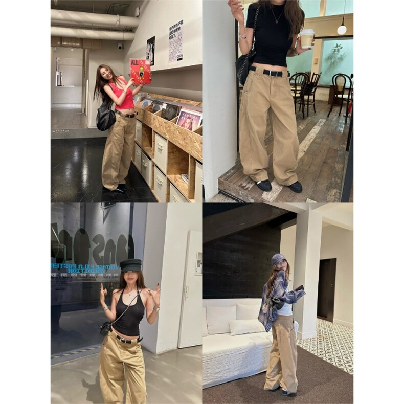 1506/QA82120/P55复古卡其色原宿休闲裤女秋宽松弯刀工装阔腿裤,男装工装外套,星座1506