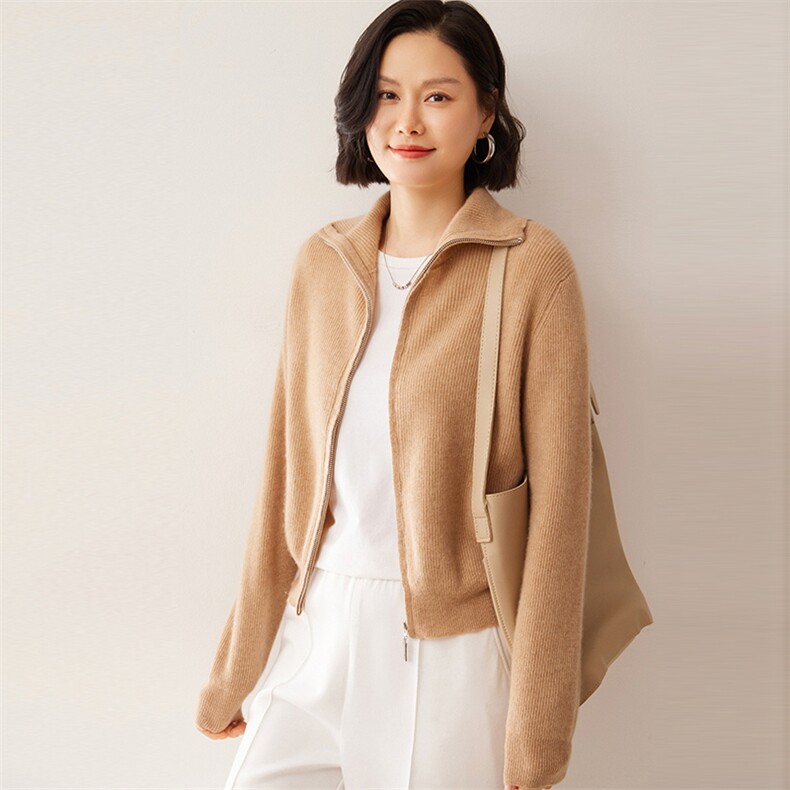 2025秋冬新款35%山羊绒女士12针单元宝立领拉链35%羊绒开衫,女装羊绒衫,拓驰羊绒