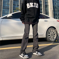 美式高街vibe风刺绣牛仔裤男ins潮牌嘻哈直筒微喇叭长裤NA17P50，男装牛仔裤，星座1116-2