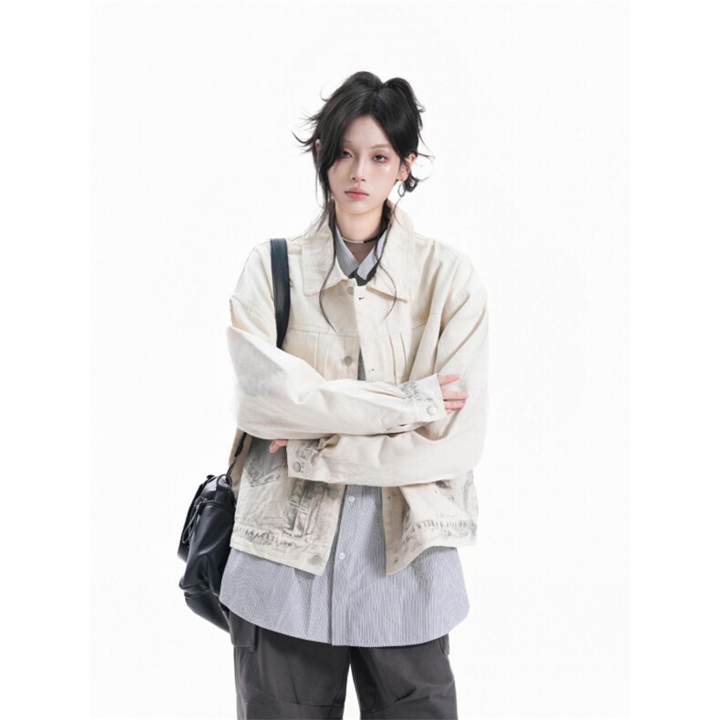 JK8971-P68秋季新款美式做旧脏染复古翻领牛仔夹克印花宽松潮流,男装T恤,电商B323A