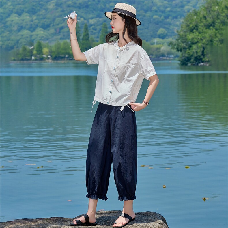 2026夏季新款薄款上衣女花边领气质休闲百搭衬衫套装女藏青直筒裤,女装套装/套裙,梦懿尔