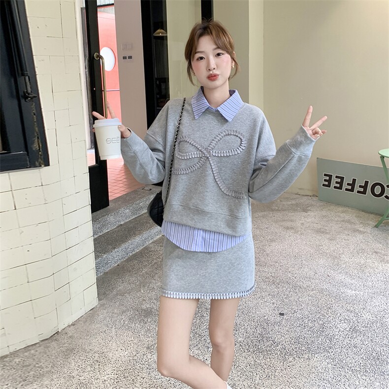 灰色蝴蝶结卫衣套装裙女2025秋新款一整套穿搭条纹衬衫短裙三件套,女装套装/套裙,2C176