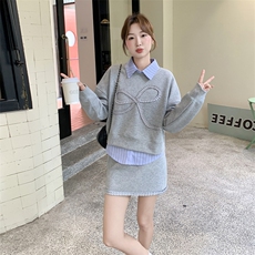 灰色蝴蝶结卫衣套装裙女2025秋新款一整套穿搭条纹衬衫短裙三件套，女装套装/套裙，2C176