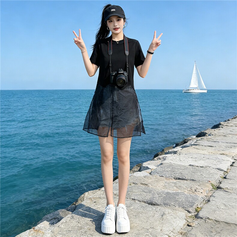 设计感小众时尚气质套装女夏新款圆领网纱拼接上衣牛仔短裤两件套，女装套装/套裙，江南