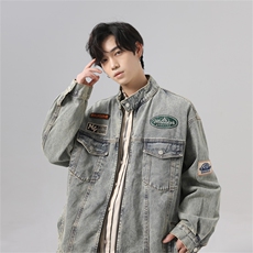 2025潮牌机车风绣标牛仔外套男美式复古做旧翻领棒球服JK1020-P95，男装工装外套，星座1103-3