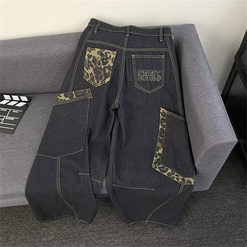 秋款男工装牛仔裤大口袋豹纹迷彩拼接字母刺绣弯刀长裤NK61P62,男装牛仔裤,星座1013-1