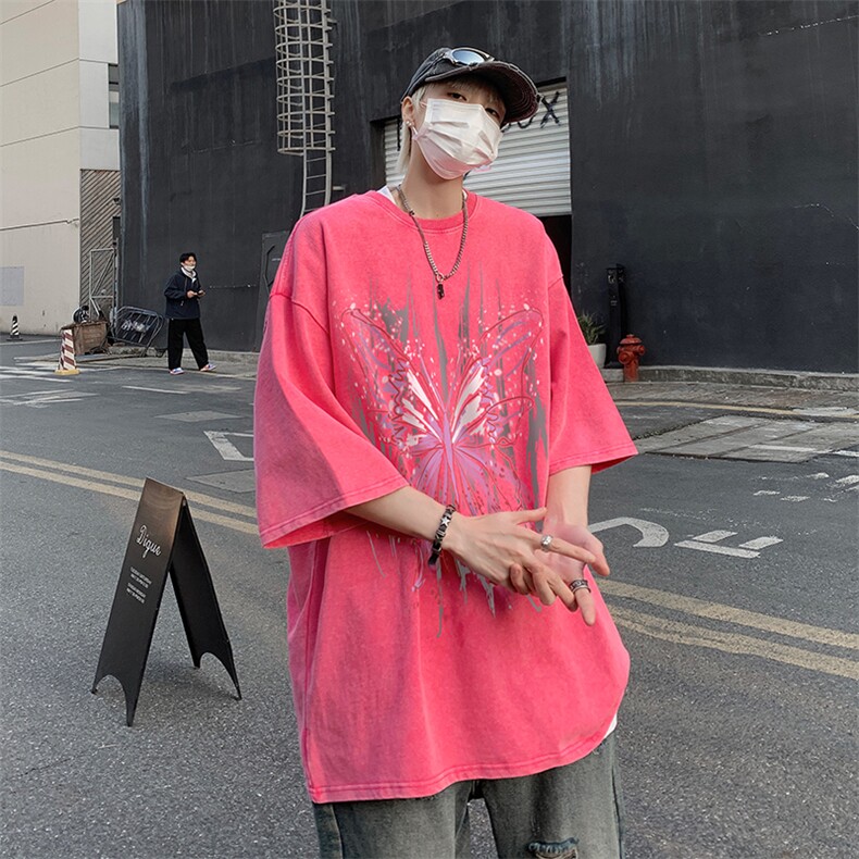 B239-1190-P38 设计感蝴蝶印花 美式复古水洗做旧 落肩袖 短袖T恤图片