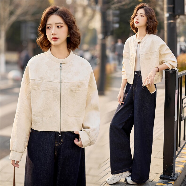 2026早春新款中式绣花短款拉链外套休闲时尚气质款上衣米白女装，女装短外套，梦懿尔