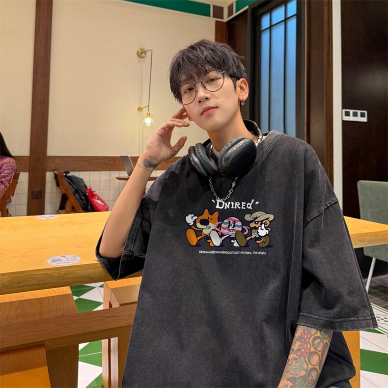 量大优！供视频240克重磅美式炒雪花水洗做旧短袖T恤,男装T恤,电商B367