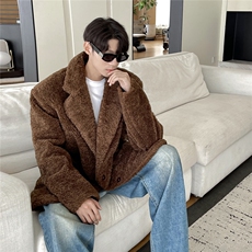 港风泰迪绒短款纯色西装大衣高级感毛呢大衣外套男77938P128控188，男装风衣，星座226-1