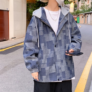 JK6007/P80春装现货牛仔撞色连帽格子夹克男潮大码外套上衣控118图片