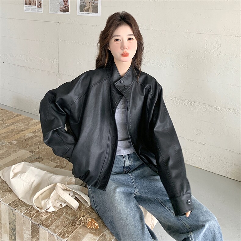 2025秋款现货韩版下摆收口黑色皮衣2C090-1820-P145-K218,女装皮衣,2C090