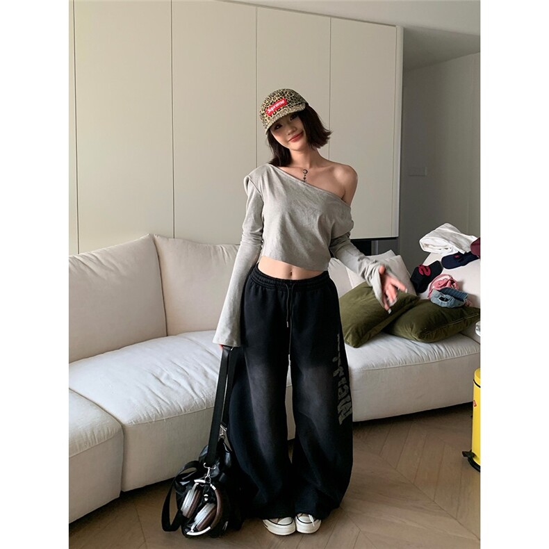 美式做旧字母印花松紧腰阔腿裤男女宽松休闲卫裤,男装休闲裤,四季星座505