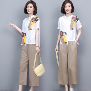(新品)2024年夏季麻棉两件套女印花T恤阔腿裤中老年妈三年不下架图片