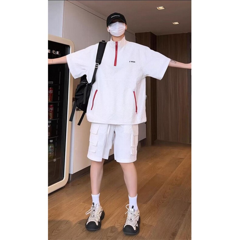 泡泡纱短袖短裤运动套装男生酷帅穿搭情侣夏季休闲ootd穿搭一整套,男装休闲套装,电商A061