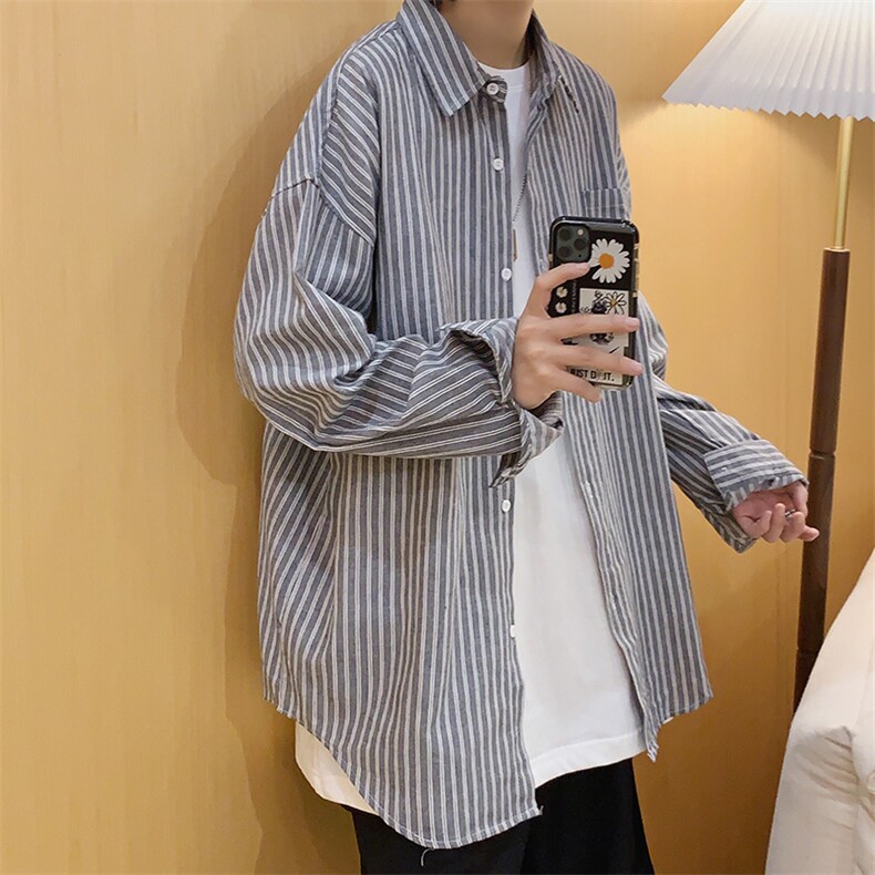 秋季新款港风休闲宽松衬衣男外穿潮流条纹百搭长袖衬衫CS23/,男装衬衫,电商D202