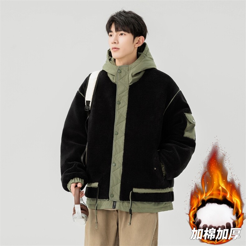 情侣棉服男士加绒加厚拼接工装保暖羊羔毛冬装外套M021-P135图片