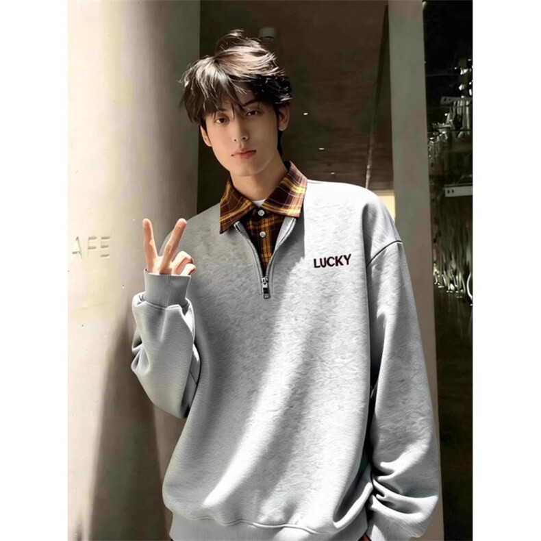 春秋季美式衬衫领假两件卫衣男潮流情侣装宽松字母刺绣上衣，男装衬衫，四季星座505