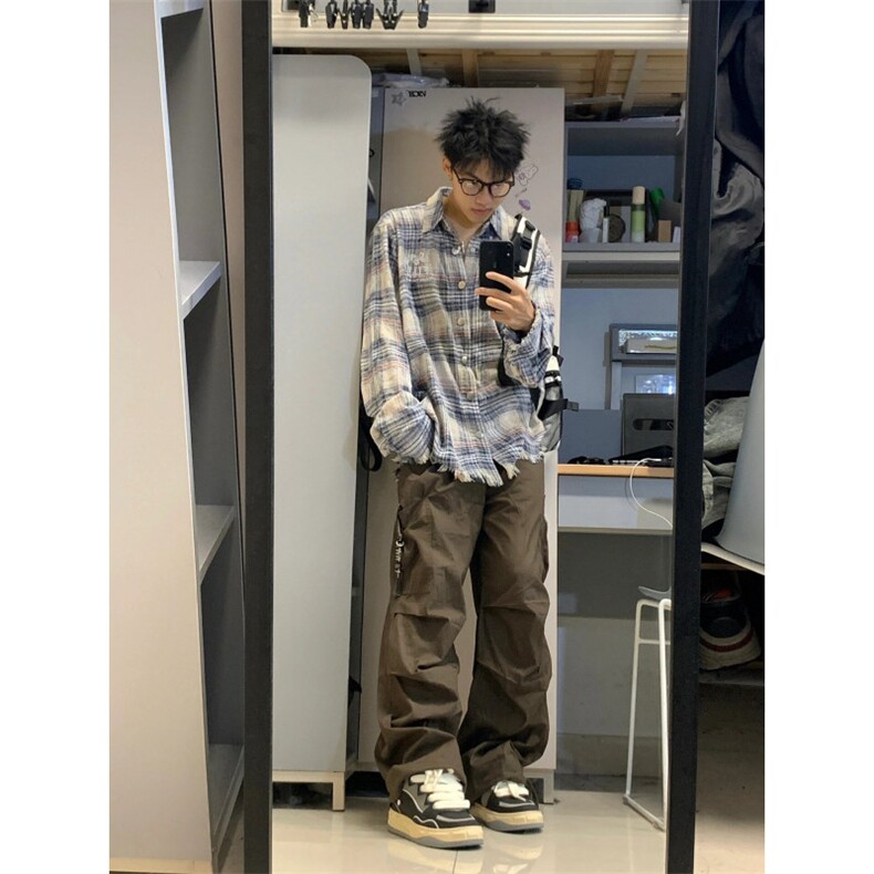 美式复古格子衬衫女长袖开衫cleanfit外套宽松情侣上衣潮B320-P55,男装衬衫,星座1007（原301D）