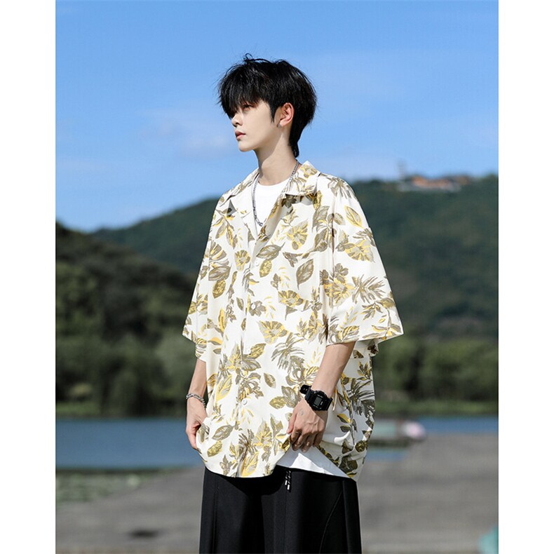 满印碎花衬衫短袖大码复古花卉衬衫夏威夷冰丝沙滩衬衣DC5016/P35图片