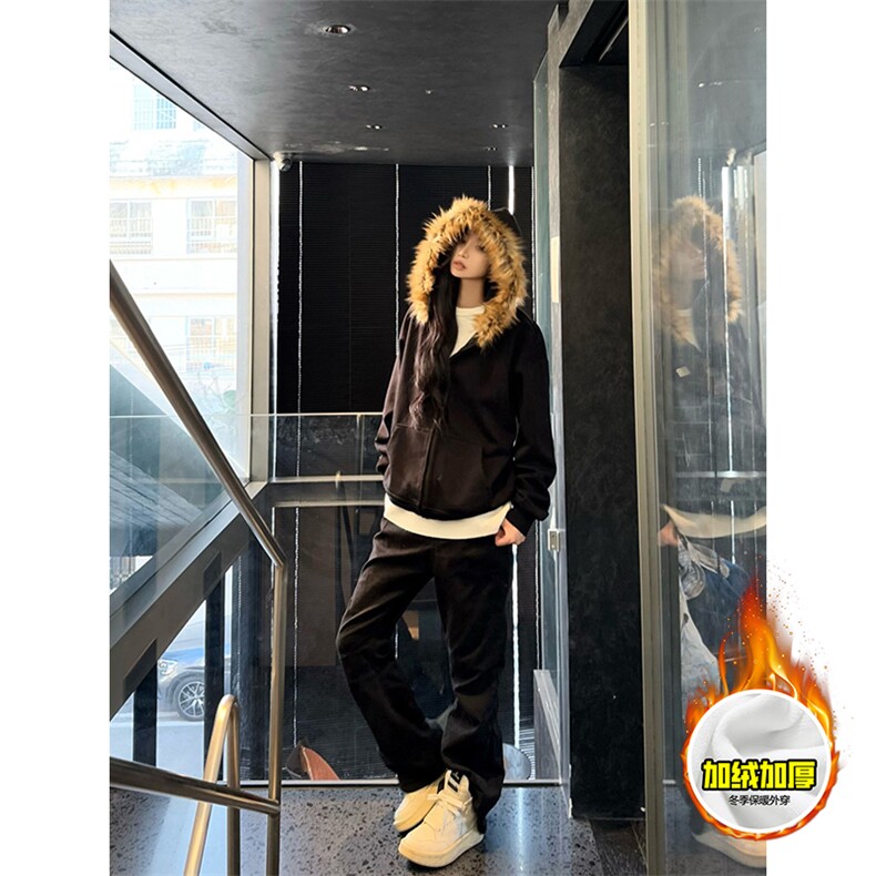 480G重磅加绒硬挺boxy秋冬美式高街超大毛领座山雕连帽卫衣厚外套，女装短外套，电商A486