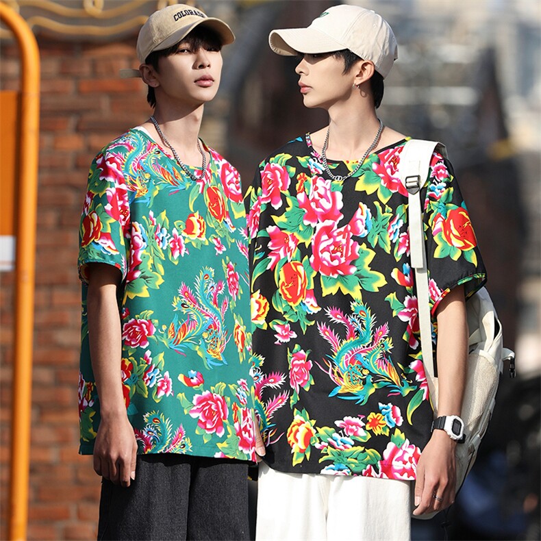 HT203夏男休闲东北大花民族风牡丹花圆领短袖T恤青少年大码男女潮，男装T恤，星座115A(原星座507）