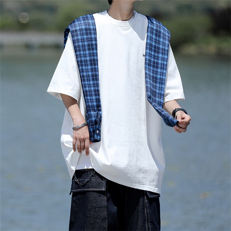 8XL-M潮情侣美式拼接打结格子假两件短袖宽松纯棉T恤男DX338,男装T恤,电商D206-1