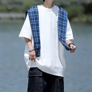 8XL-M 潮情侣美式拼接打结格子假两件短袖宽松纯棉T恤男 DX338图片