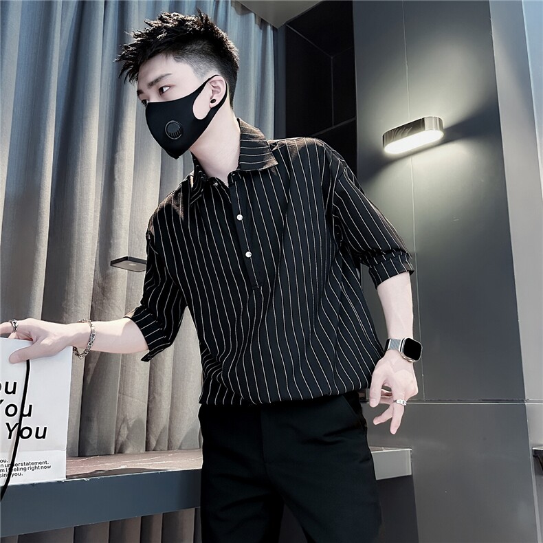 条纹七分袖衬衫男痞帅高级感社会小伙店主风301C-CS22-P58控78,男装衬衫,星座301C（原B323）