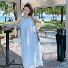 2026年洋气蓝色蝴蝶珠片刺绣领口盘花连衣裙女182A8625P155K238，女装连衣裙，浙宝182A