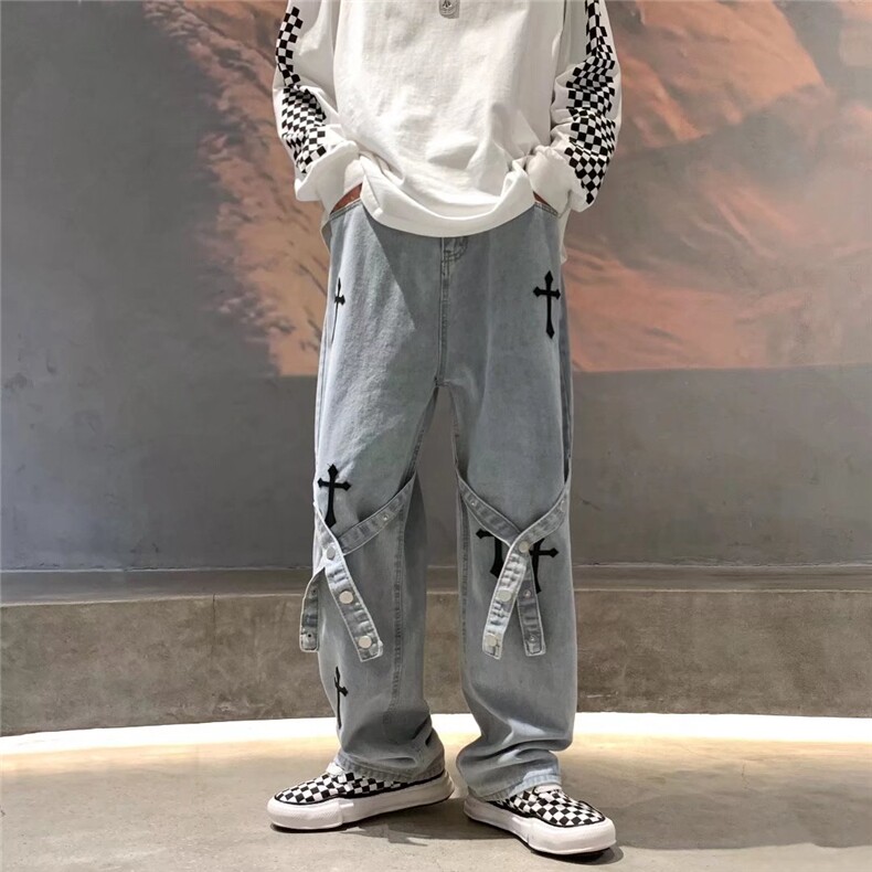 牛仔裤男港风潮流印花2023春秋季新款ins直筒休闲裤K1215-P47,男装牛仔裤,星座412-3