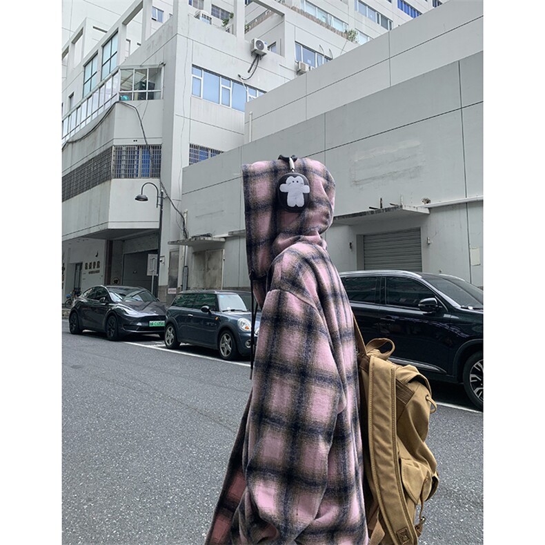 美式格子连帽衬衫男秋季校园风撞色拼接长袖衬衣复古小众简约外套,男装衬衫,电商D232