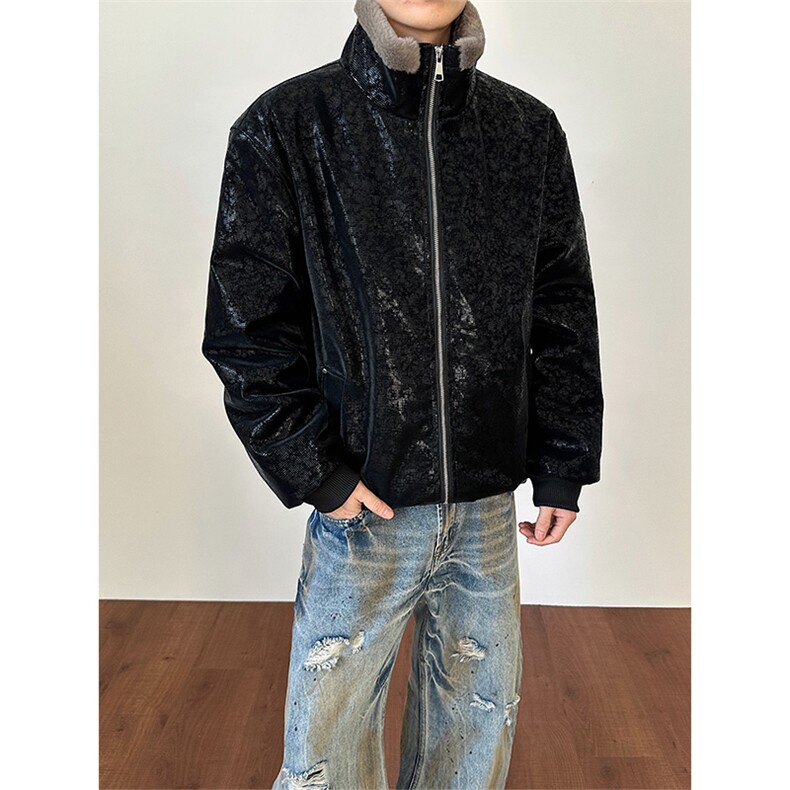 加绒加厚蛇纹亮片棉衣潮牌休闲座山雕皮衣男D54135-TP80158,男装皮衣,电商A102
