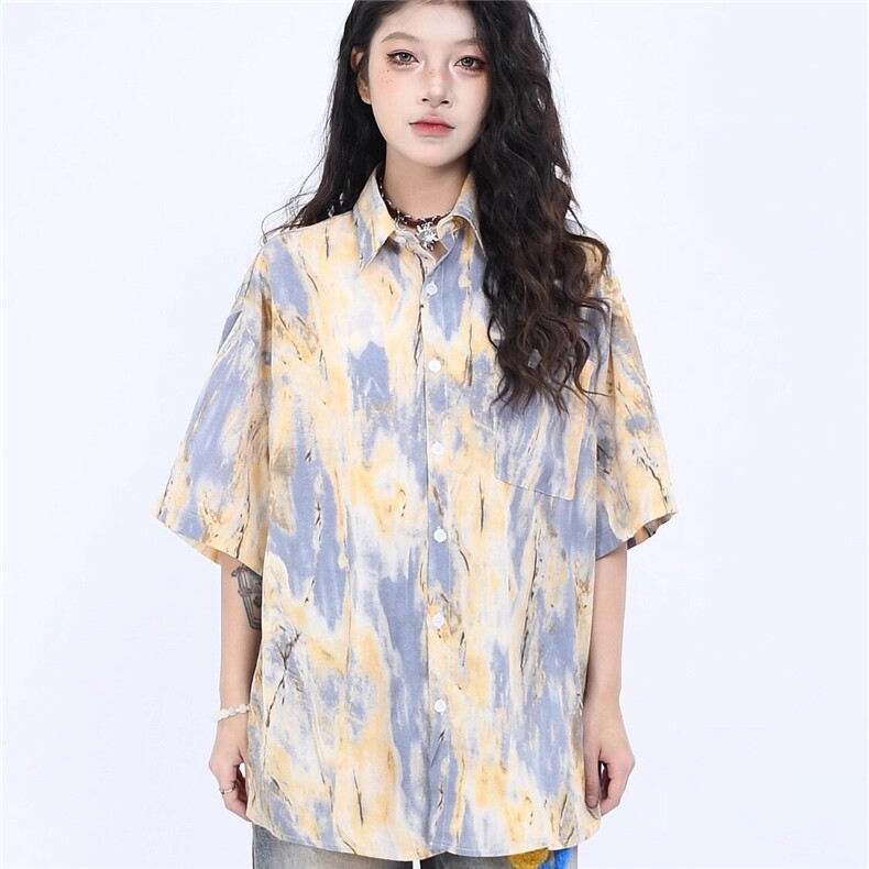 水彩晕染度假短袖衬衫男夏季薄款小众撞色宽松休闲慵懒风冰丝衬衣,男装T恤,星座218-1（原230）