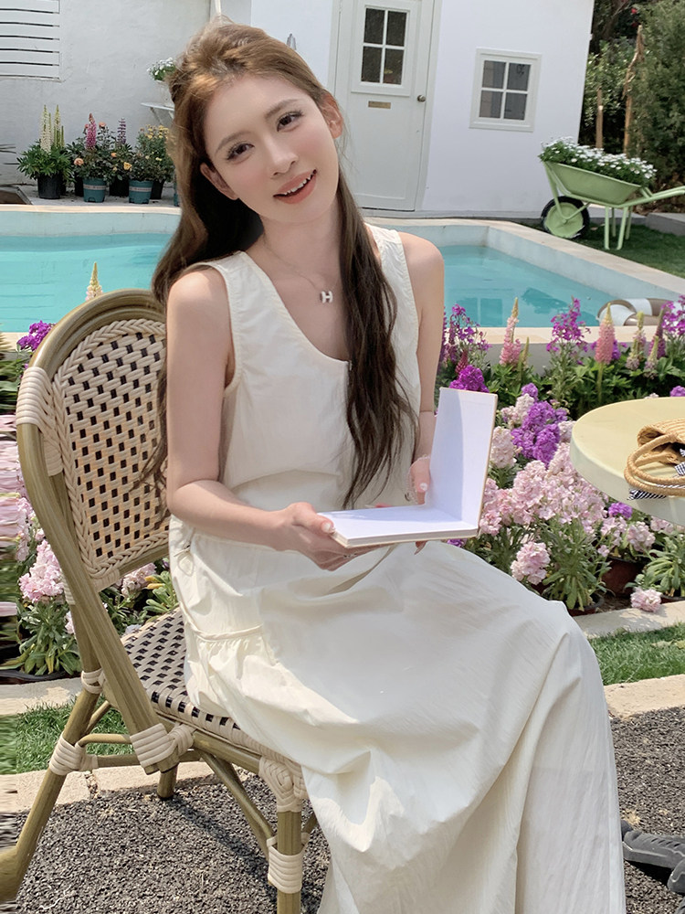 2025夏季复古小众拉链式抽绳收腰显瘦大口袋背心连衣裙女DJ6838,女装连衣裙,蝶眷
