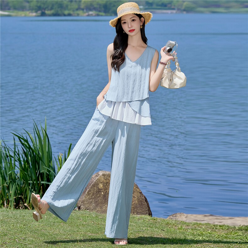 （新款现货）2026夏装时尚莱赛尔花苞假两件上衣阔腿裤套装两件套,女装套装/套裙,印象茜
