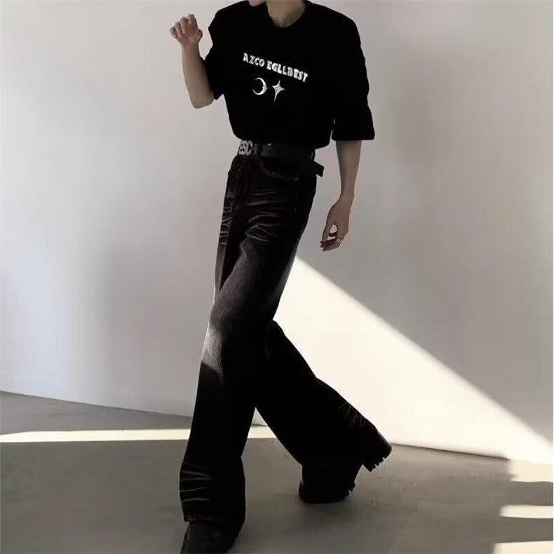 美式高街黑灰色喇叭牛仔裤女秋冬不贴腿宽松显瘦梨形微喇裤子,男装牛仔裤,星座1210-1