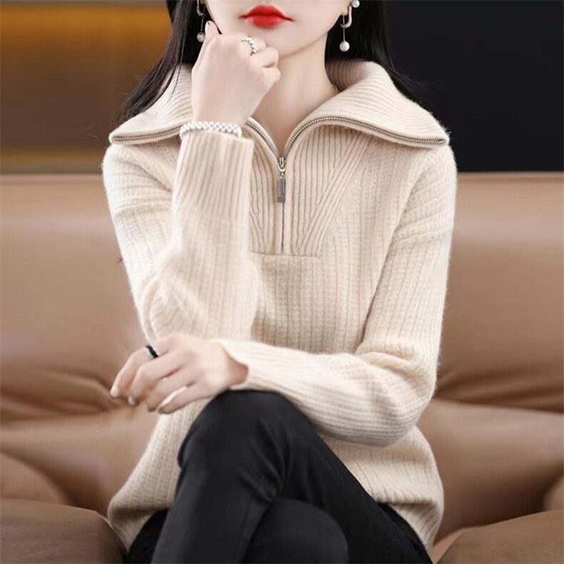 高级感！拉链大翻领山衫女加厚毛衣宽松秋2024冬季纯色打底衫，女装羊毛衫，胜酷羊绒